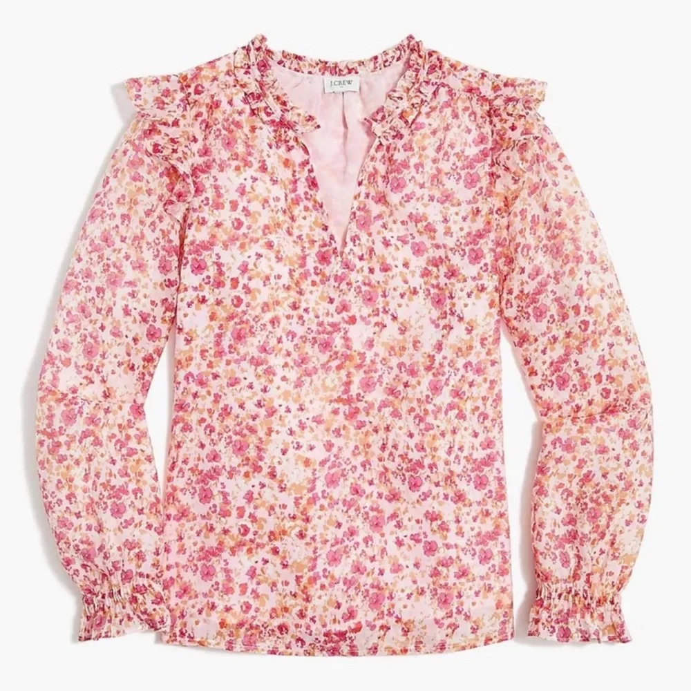 J Crew S Ruffle Collar Top Blouse Pink Ditsy Floral Print Easter Spring Feminine